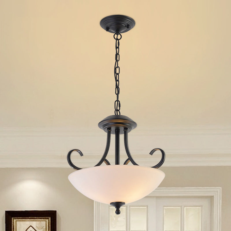 3-Bulb Bowl Pendant Chandelier Classic White Frosted Glass Hanging Light Kit with Scroll Arm