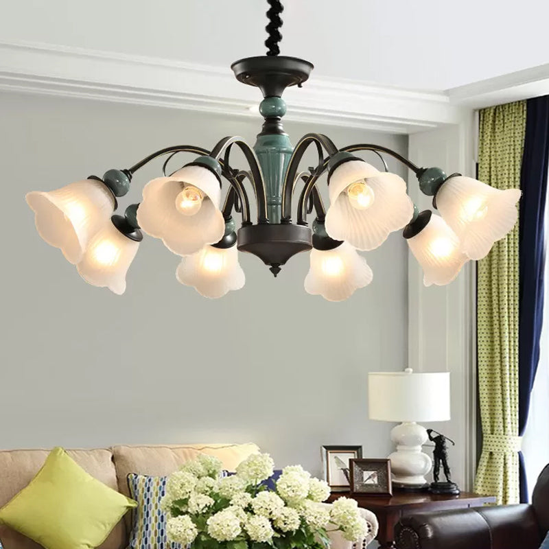 Peacock Green 5/6/8 Bulbs Drop Lamp Rustic Ribbed Frosted Glass Flower Blossom Chandelier