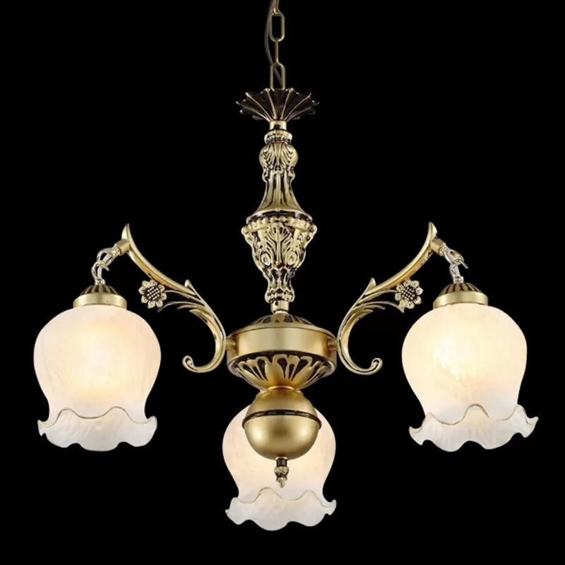 3 Lichter Rose Down Kronleuchter Vintage Antique Bronze/Distressed weiße Creme Glasfederung Anhänger für Schlafzimmer