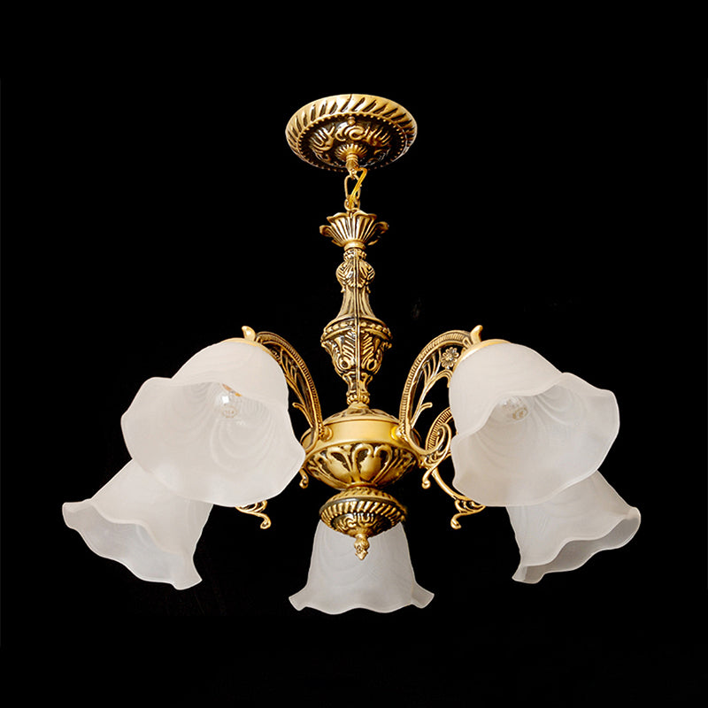 Brass Flower Chandelier Lamp Antique Frosted Glass 5-Head Living Room Ceiling Hang Light