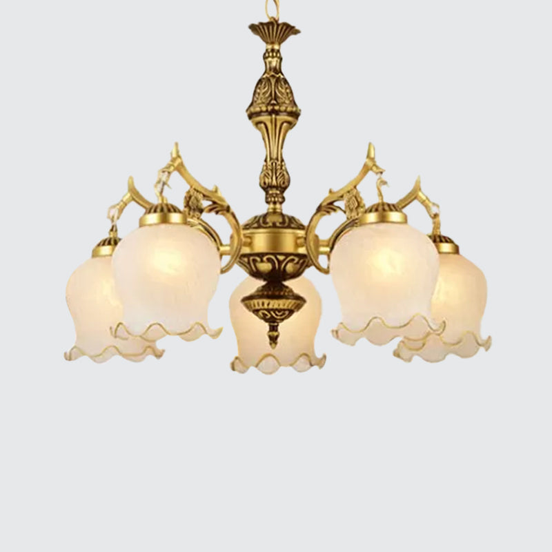 Melkachtig glazen bronzen suspensie licht semi-blaom bloem 5-licht traditionele kroonluchter