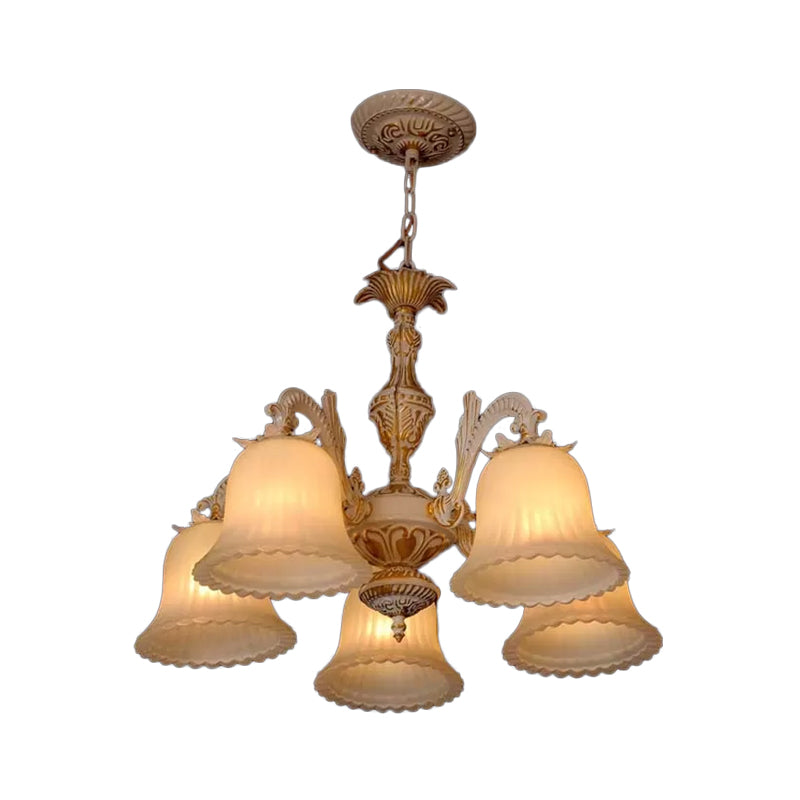 5 Bulbs Ribbed Glass Pendant Light Rustic White Carillon Restaurant Chandelier Light Fixture