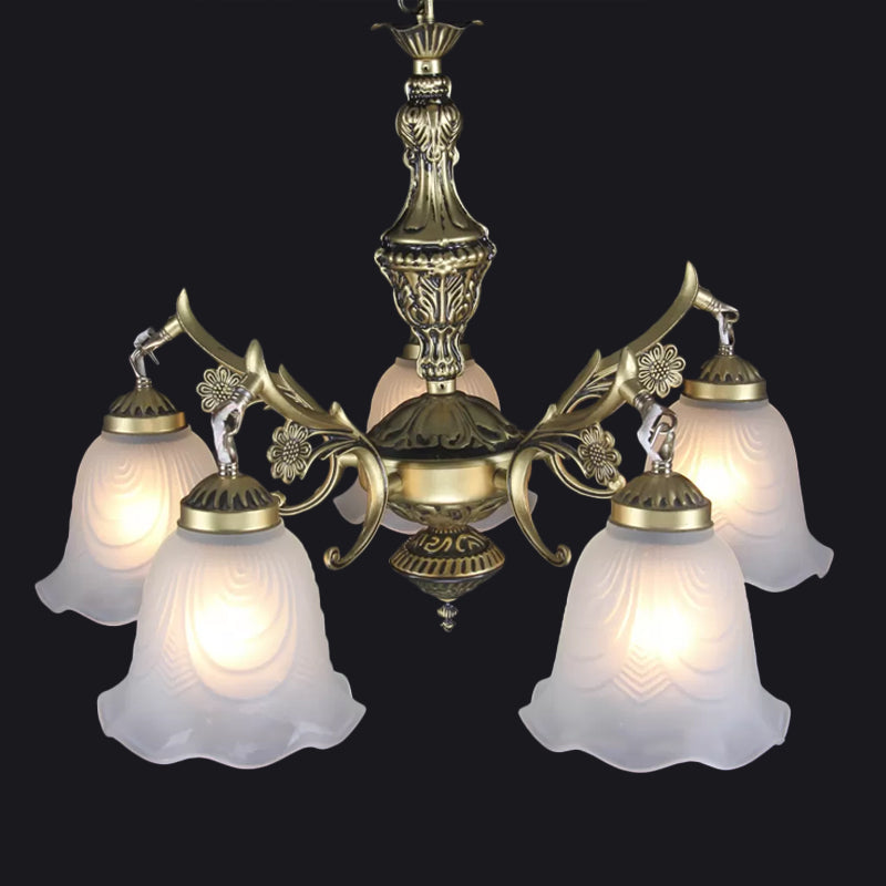 Bronze Floral Down Chandelier Lighting Vintage Frosted Glass 5-Bulb Dining Room Drop Lamp