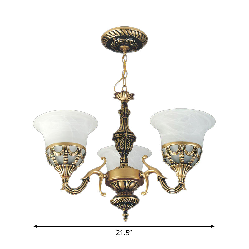 3 Licht hängende Kronleuchter traditionelle Restaurantanhängerlampe mit ausgestattetem Alabaster-Glasschatten in Bronze