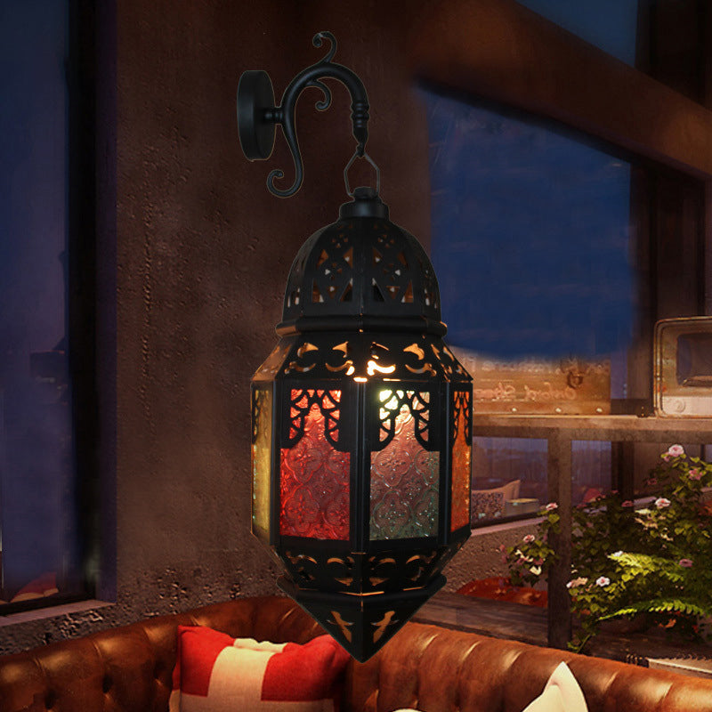 Stained Art Glass Censer Wall Lamp Turkish Single-Bulb Bistro Lantern Sconce in Black