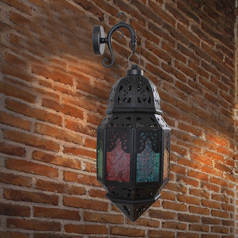 Stained Art Glass Censer Wall Lamp Turkish Single-Bulb Bistro Lantern Sconce in Black