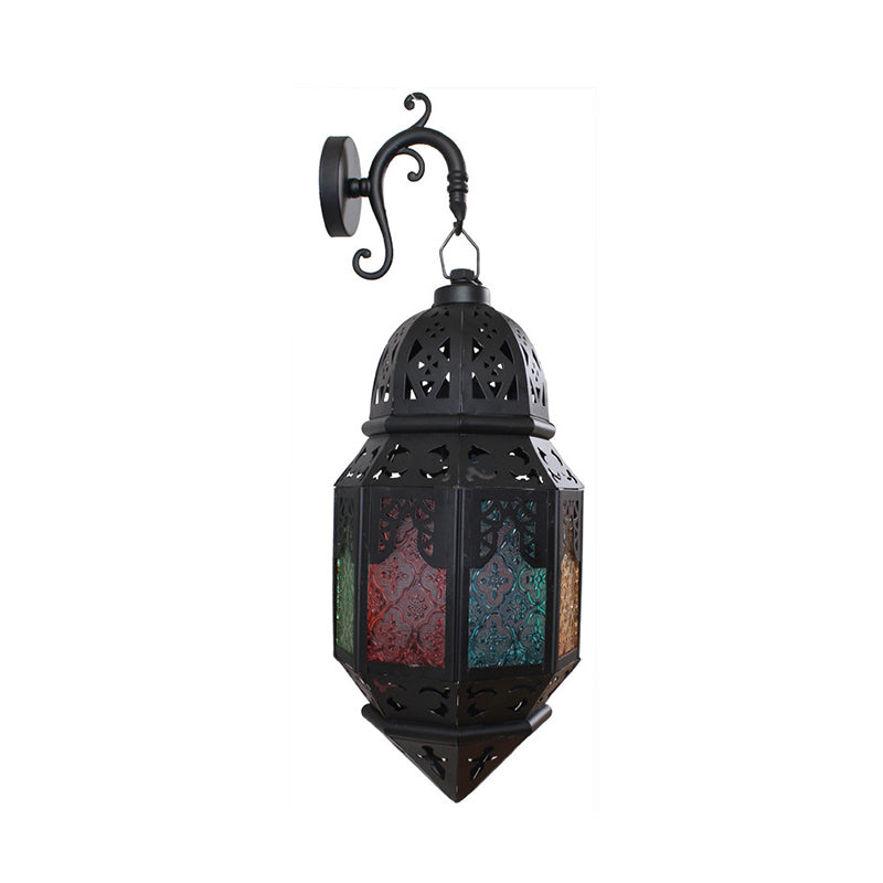Stained Art Glass Censer Wall Lamp Turkish Single-Bulb Bistro Lantern Sconce in Black