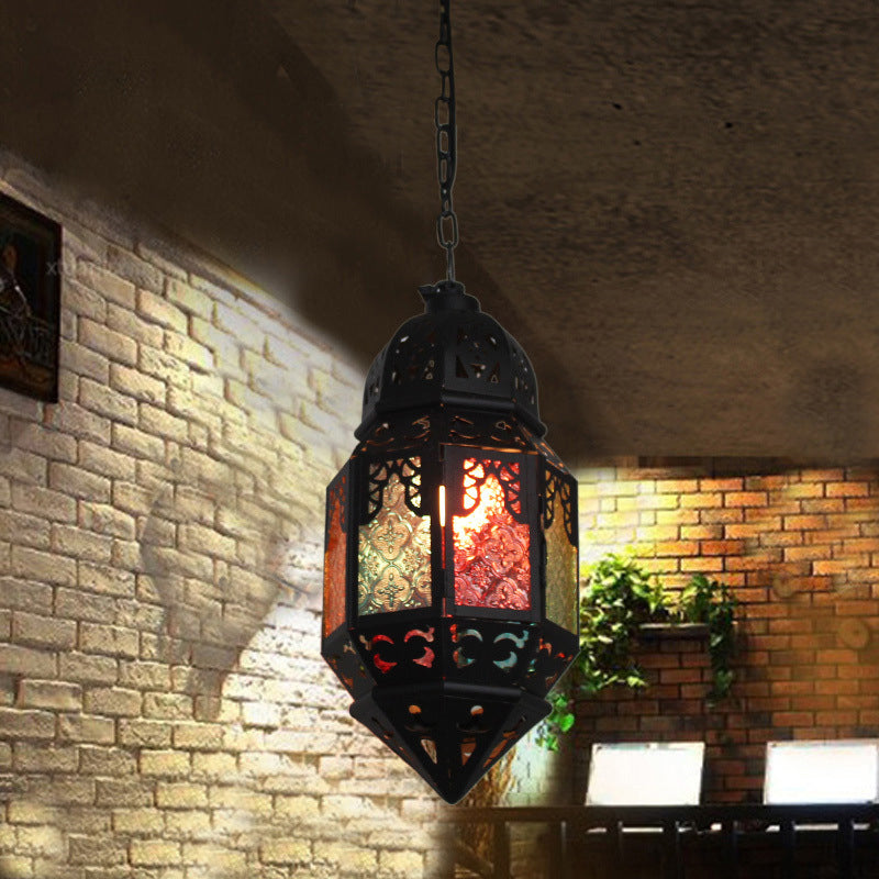 Moroccan Censer Ceiling Hanging Lantern 1-Light Stained Glass Down Lighting Pendant in Black