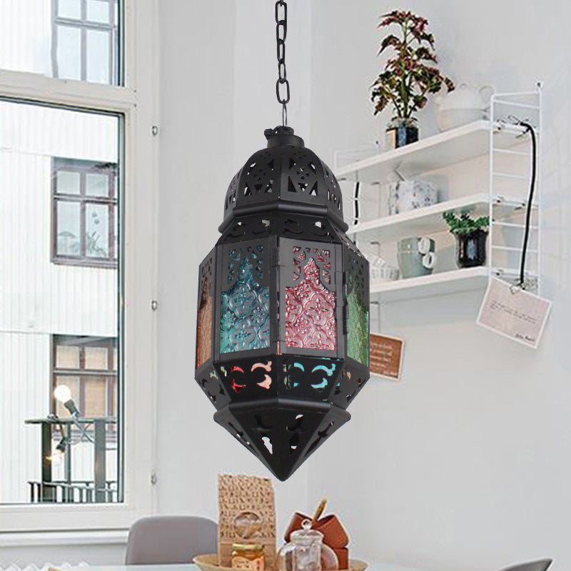 Moroccan Censer Ceiling Hanging Lantern 1-Light Stained Glass Down Lighting Pendant in Black