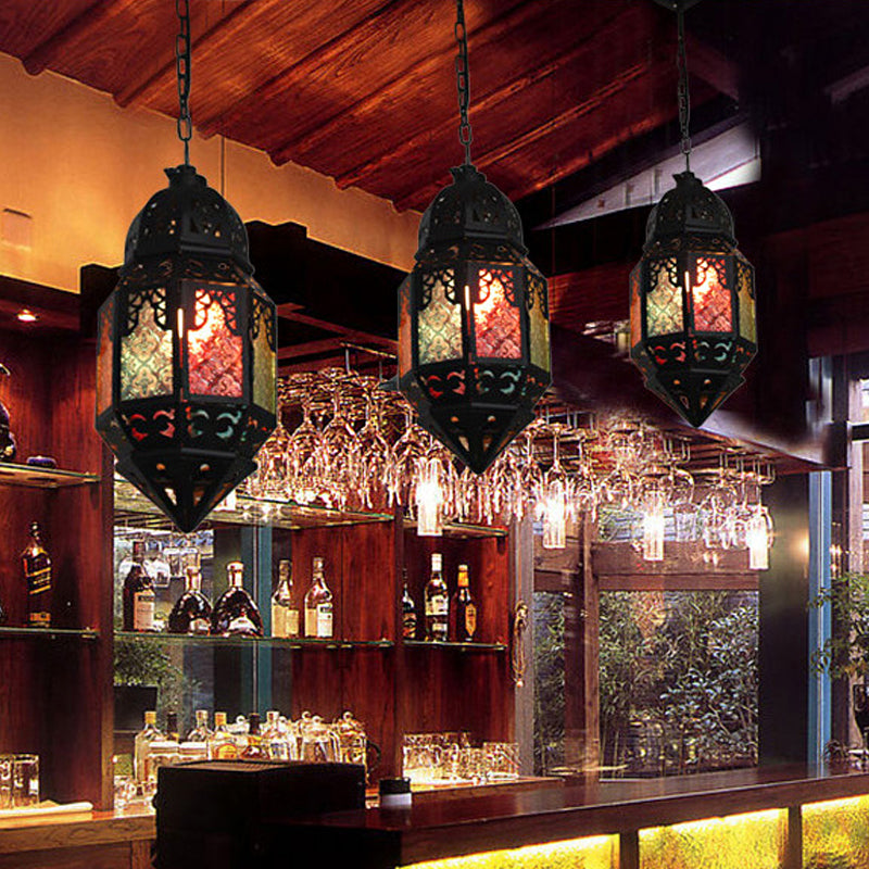 Moroccan Censer Ceiling Hanging Lantern 1-Light Stained Glass Down Lighting Pendant in Black