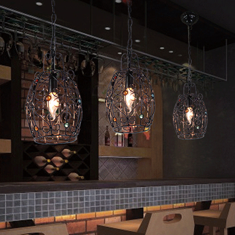 Barrel/Lantern/Scalloped Restaurant Pendant Rustic Iron 1 Light Black Hanging Ceiling Light with Colorful Bead Decor