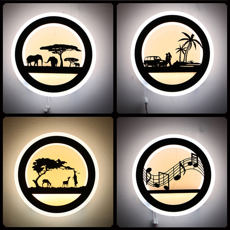 Nordic LED Wall Light Sconce Black Round/Elephant/Giraffe Ultrathin Wall Mounted Lamp with Acrylic Shade in Warm/White Light