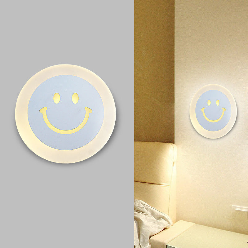 Thin Round LED Wall Light Kit Cartoon Acrylic White Smiley Wall Sconce in Warm/White Light for Bedroom