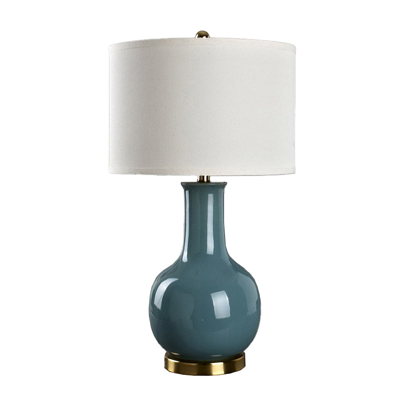 Drum Night Stand Light Modern Fabric 1 Head Living Room Table Lamp with Vase Ceramic Base in White/Red/Blue