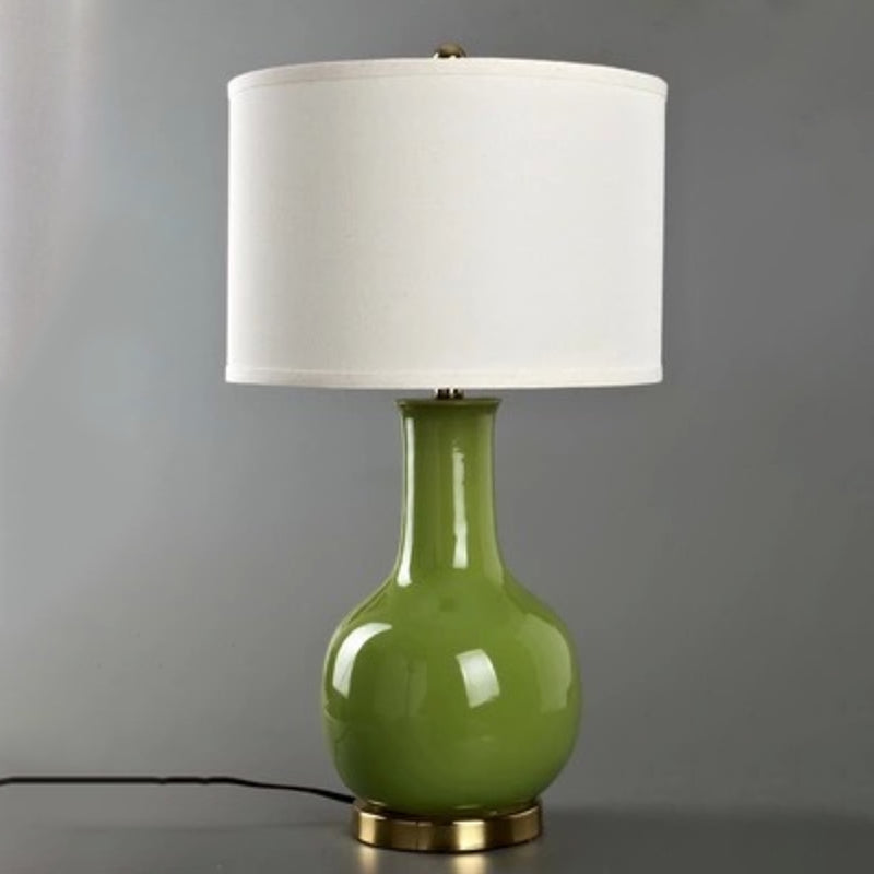 Drum Night Stand Light Modern Fabric 1 Head Living Room Table Lamp with Vase Ceramic Base in White/Red/Blue