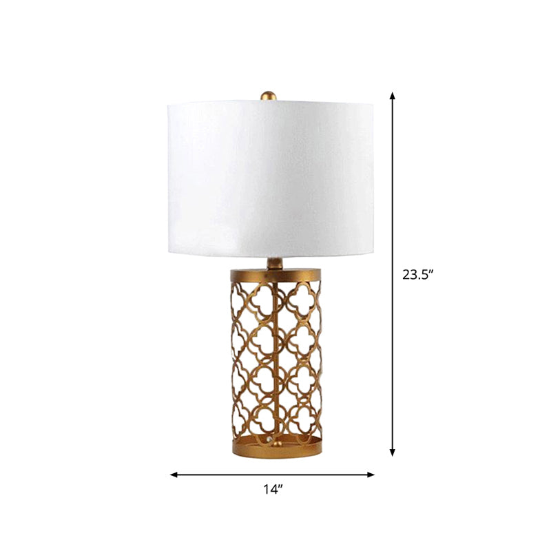 Minimalistische Quatrefoil Night Stand Light Metal 1 Head Slaapkamer Tafellamp met cilinderschaduw in wit, 14 "/15" W
