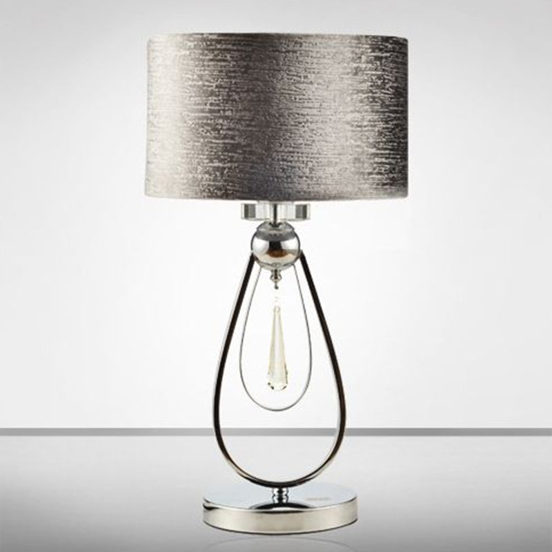Lámpara de mesa de tambor gris cepillada contemporánea de tela de 1 lucra luz nocturna con soporte de lágrima abierta
