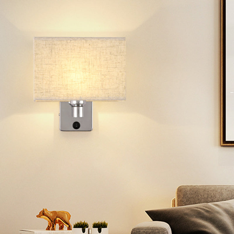 1-Light Bedroom Wall Lamp Nordic Black/White/Beige and Chrome Wall Sconce with Oval/Square Fabric Shade