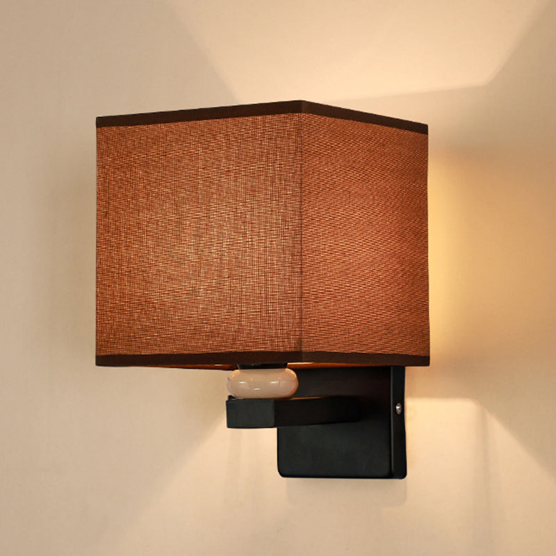 Rectangle Wall Mount Lamp Modern Fabric 1 Bulb Flaxen/White/Beige Wall Light Fixture with Faux Jade Decor