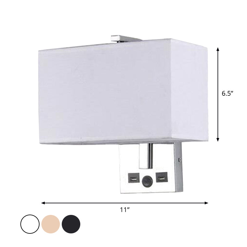 Fabric Rectangle Wall Light Kit Minimalist Single-Bulb Beige/Black/White Wall Lamp Fixture with USB Port