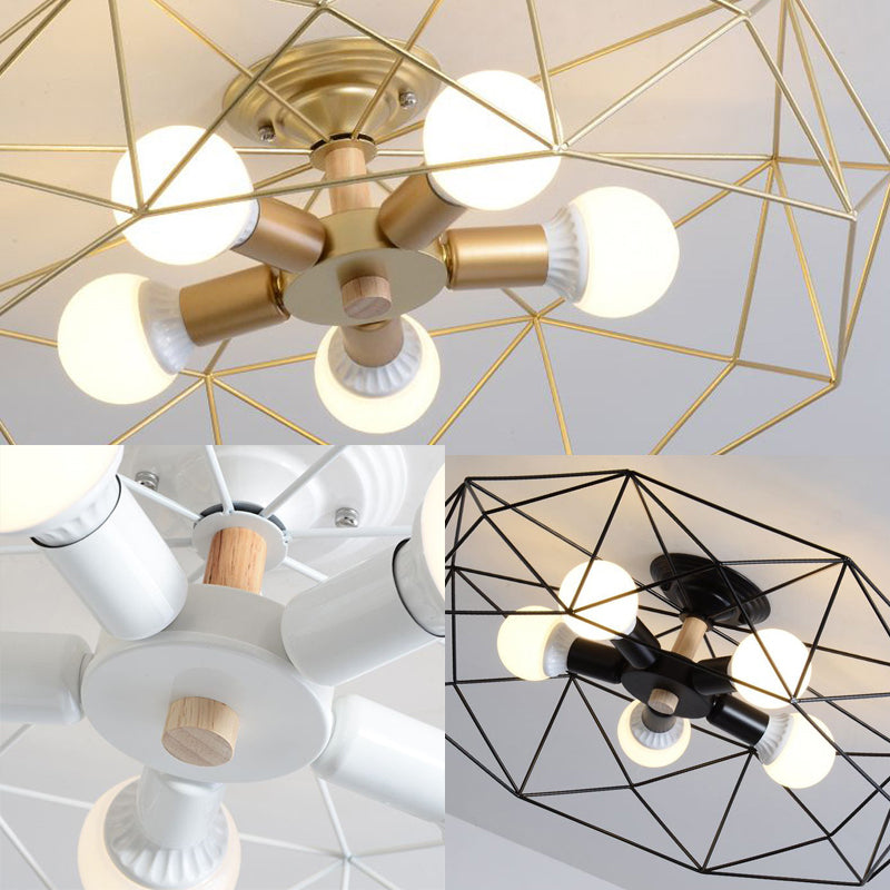 Geometrische semi-inbouw moderne metalen 3/4/5-lichts wit/zwart/goud semi-inbouwlamp met draadkooikap