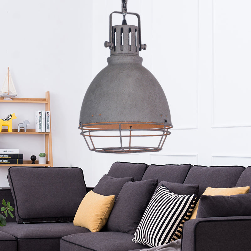 Wrought Iron Bell/Dome Shade Pendant Lighting Industrial 1 Light Living Room Hanging Lamp with Wire Guard in Grey