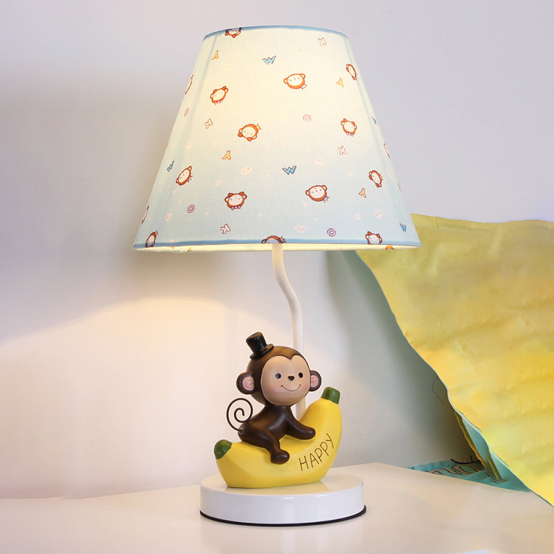 Fabric Floral Shade Table Light with Banana Monkey Kids Bedroom 1 Bulb Cartoon Reading Light in Beige