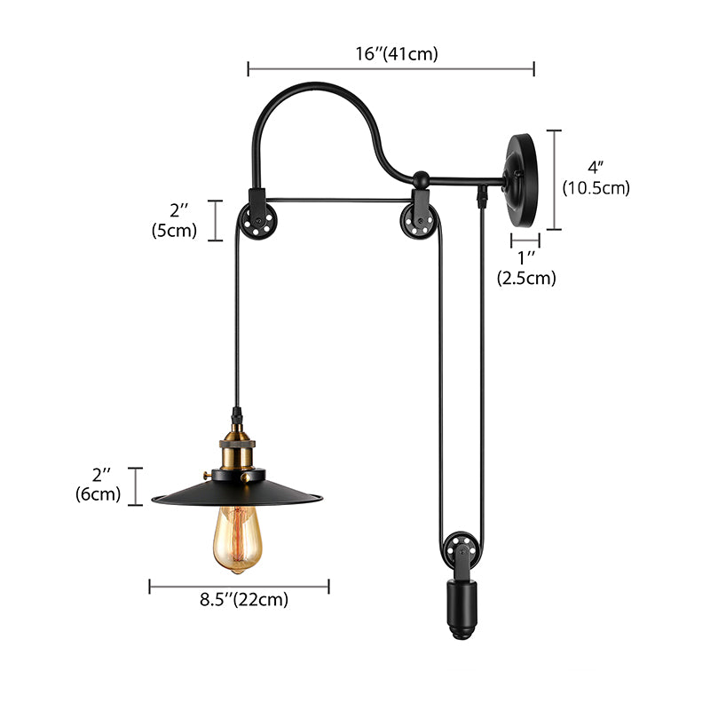 1 Bulb Flat Wall Mounted Lamp Industrial Style Black Metallic Adjustable Wall Lighting Fixture with Pulley Design