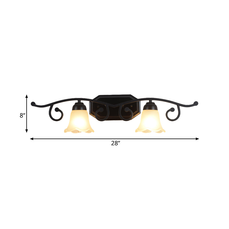 Floral White Glass Shade Vanity Lighting Countryside 2/3 Heads Bathroom Wall Mounted Lamp in Black