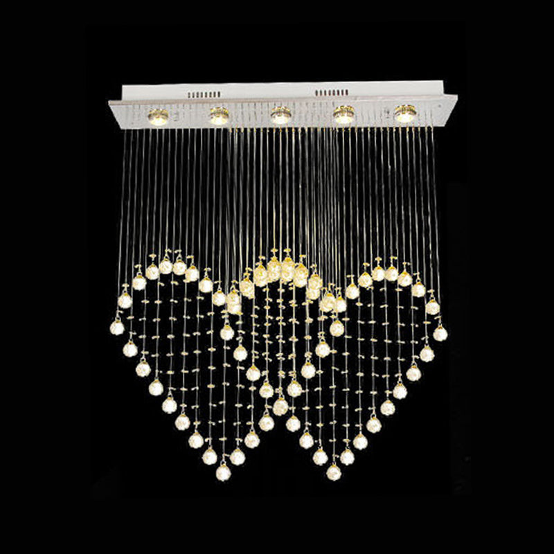 Modern Heart Shaped Flush Light 3/5/6 Heads Clear Crystal Flush Mount Ceiling Light Fixture in Stainless Steel