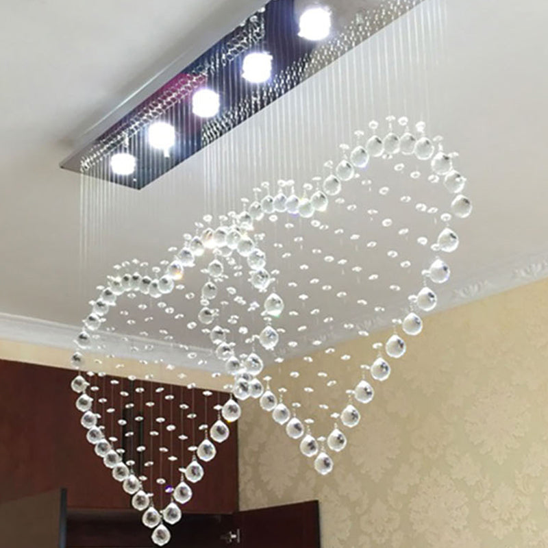 Modern Heart Shaped Flush Light 3/5/6 Heads Clear Crystal Flush Mount Ceiling Light Fixture in Stainless Steel