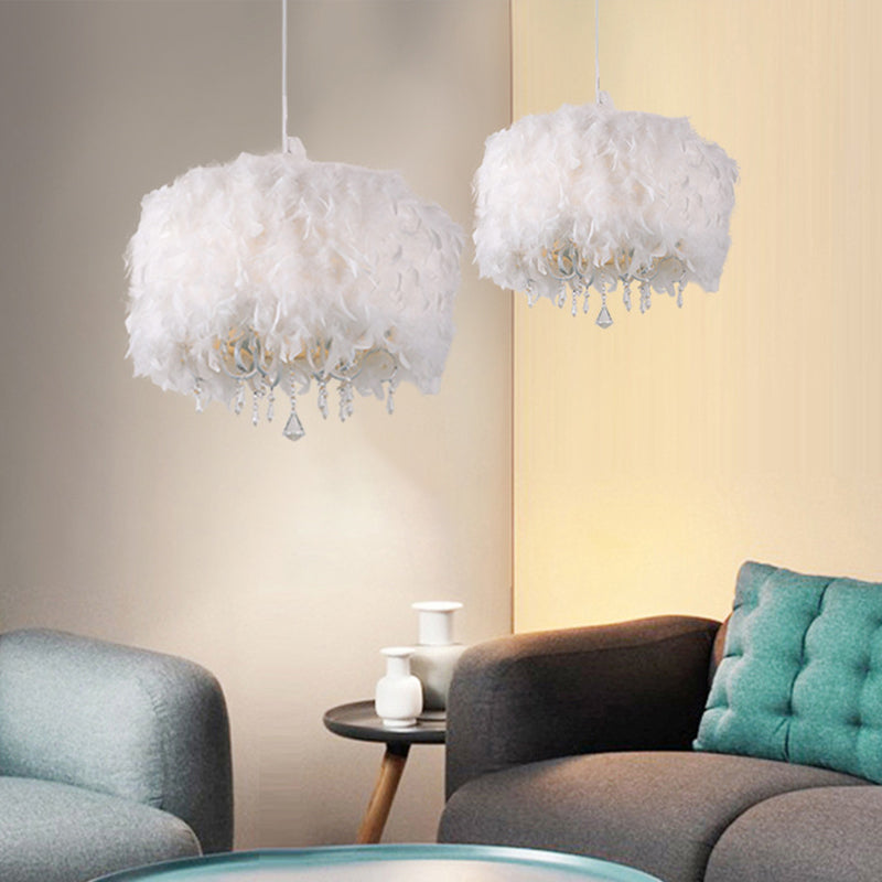 5 Lichter Esszimmer Kronleuchter nordisch weißer Anhänger mit Trommelfederschatten und Tränenkristall