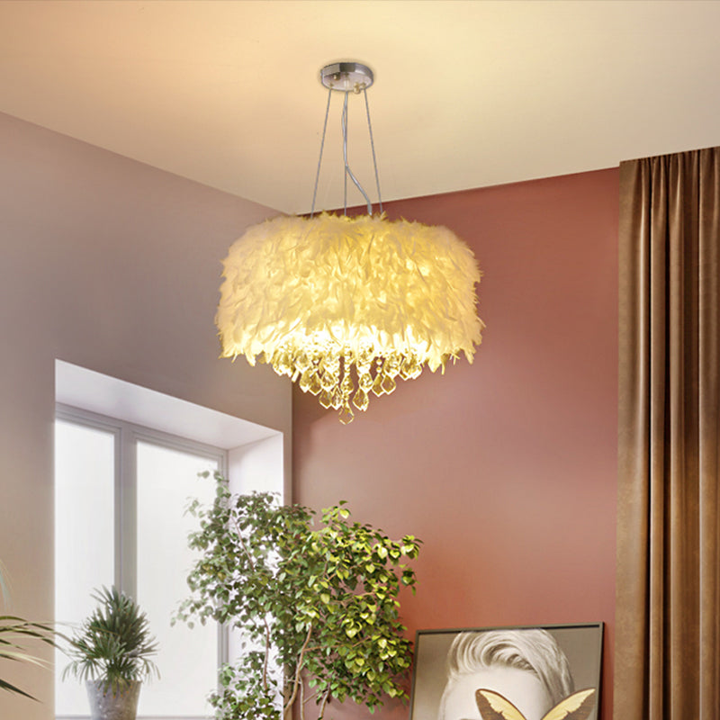 Weißer Trommelanhänger Kronleuchter moderner 5/6/9-Licht-Federhängelampe mit Kristallabfall, 16 "/19.5"/27,5 "breit