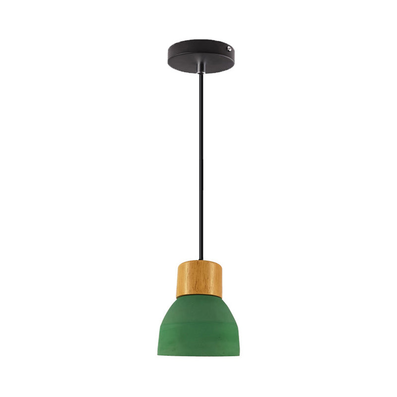 Cone/Bowl Cement Hanging Light Fixture Macaron Single-Bulb Green/Red Pendant Lamp with Wood Top