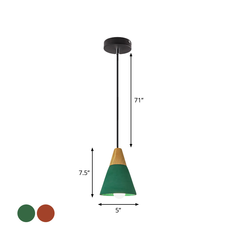 Cone/Bowl Cement Hanging Light Fixture Macaron Single-Bulb Green/Red Pendant Lamp with Wood Top