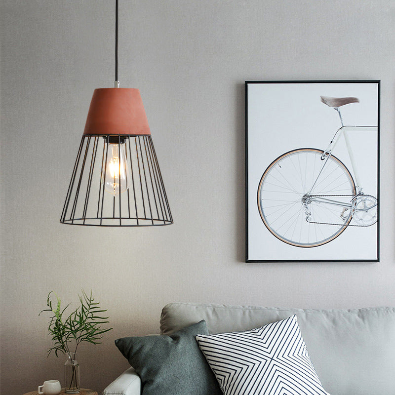 1 Light Suspension Lamp Loft Bedside Pendant Lighting with Cone/Tube Iron Cage and Cement Top in Grey/Red