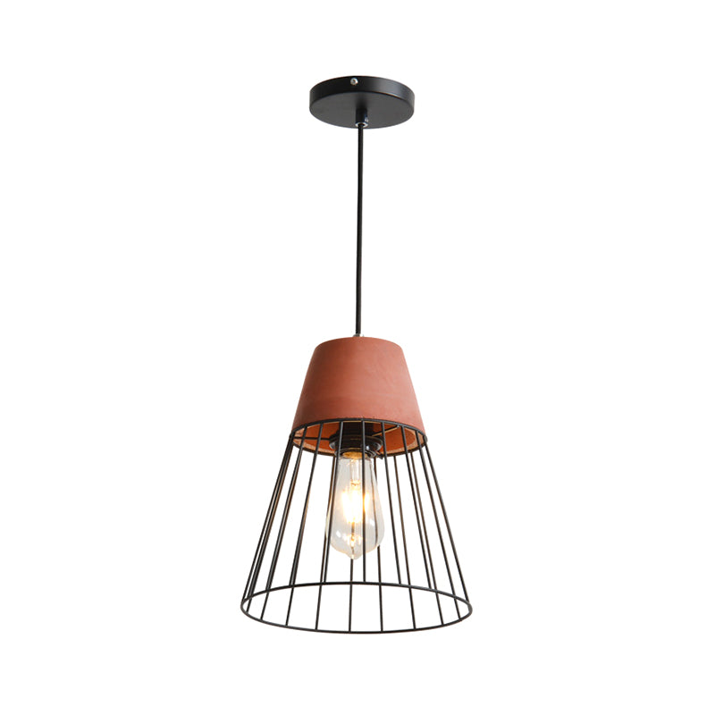 1 Light Suspension Lamp Loft Bedside Pendant Lighting with Cone/Tube Iron Cage and Cement Top in Grey/Red