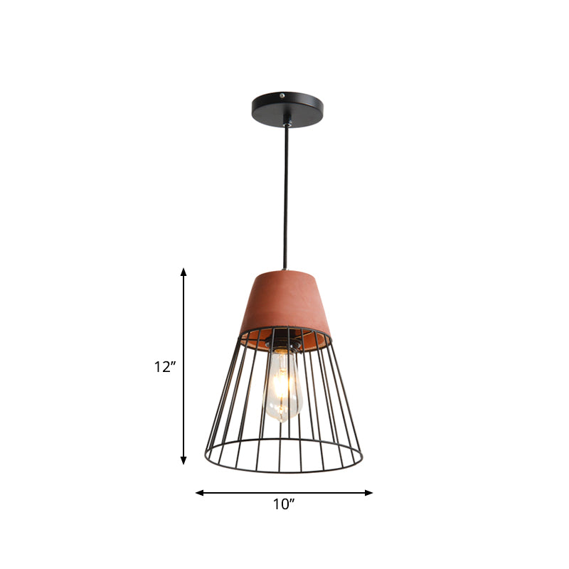 1 Light Suspension Lamp Loft Bedside Pendant Lighting with Cone/Tube Iron Cage and Cement Top in Grey/Red