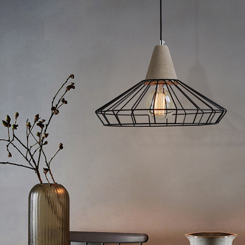 1-Light Pendant Light Fixture Industrial Cone/Cylinder/Triangle Iron Hanging Lamp in Black with Cement Socket