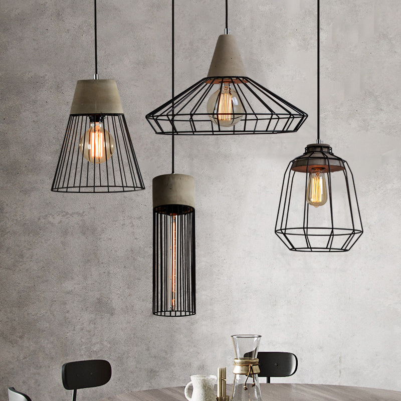 1-Light Pendant Light Fixture Industrial Cone/Cylinder/Triangle Iron Hanging Lamp in Black with Cement Socket