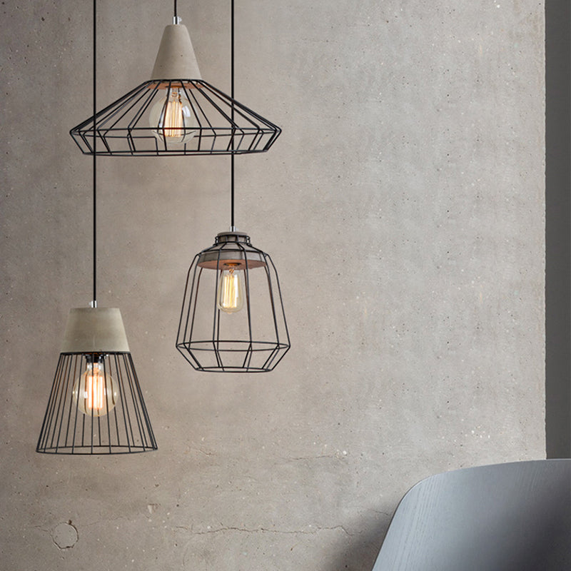 1-Light Pendant Light Fixture Industrial Cone/Cylinder/Triangle Iron Hanging Lamp in Black with Cement Socket