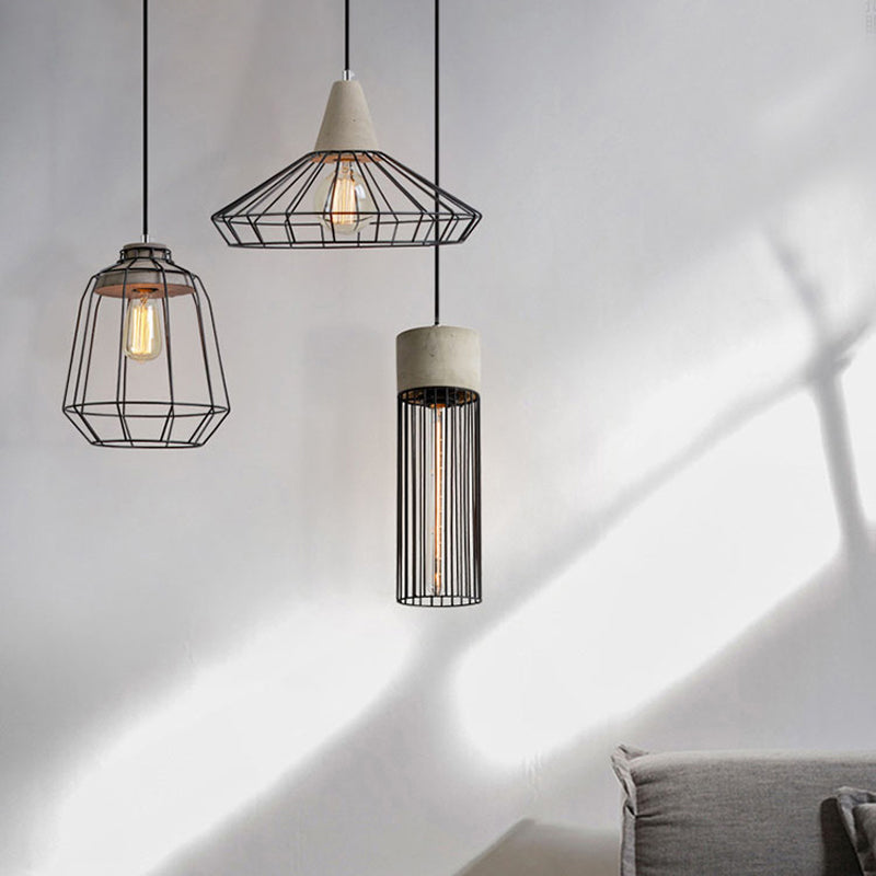 1-Light Pendant Light Fixture Industrial Cone/Cylinder/Triangle Iron Hanging Lamp in Black with Cement Socket