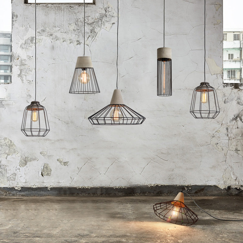 1-Light Pendant Light Fixture Industrial Cone/Cylinder/Triangle Iron Hanging Lamp in Black with Cement Socket