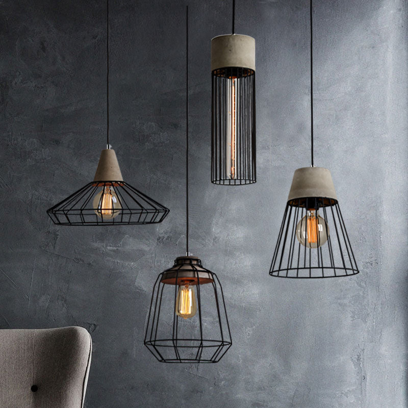 1-Light Pendant Light Fixture Industrial Cone/Cylinder/Triangle Iron Hanging Lamp in Black with Cement Socket