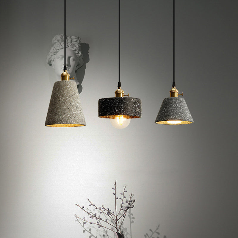 Single Bedside Drop Pendant Nordic Black/Grey Hanging Light with Tapered/Cone/Cylinder Cement Shade and Rotary Switch