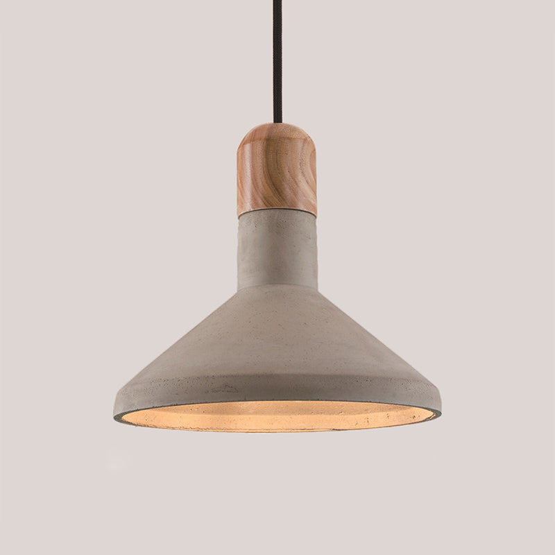 Funnel Cement Pendulum Light Nordic 1 Bulb Grey Ceiling Pendant with Wood Top for Dining Room
