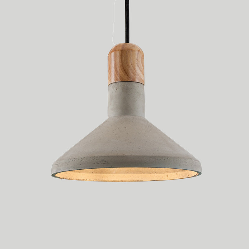 Funnel Cement Pendulum Light Nordic 1 Bulb Grey Ceiling Pendant with Wood Top for Dining Room