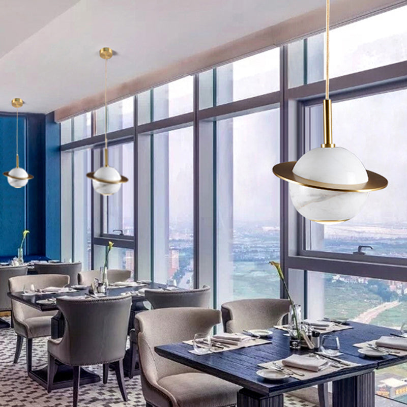 Designer Globe Hanging Light Marble Restaurant LED Pendant Lamp in Black/White/Green with Brass Ring