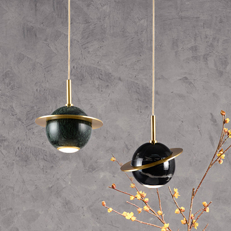 Designer Globe Hanging Light Marble Restaurant LED Pendant Lamp in Black/White/Green with Brass Ring