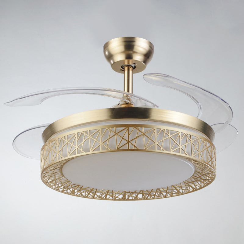 Gouden nestvormige 4 messen semi-flush mount eenvoudige led metallic plafondventilator licht, 19 "breed